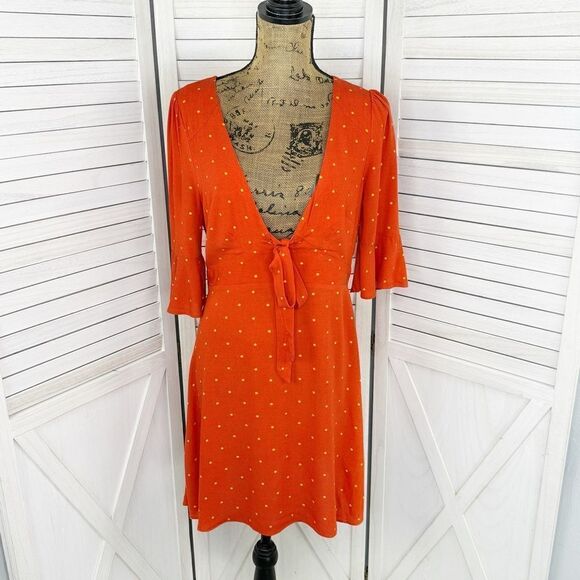 Free People All Yours Polkadot Flounce Sleeve Mini Dress Orange V Neck 4 - Picture 2 of 15